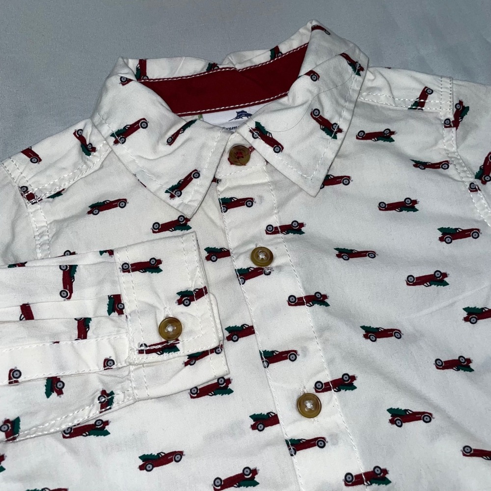 Tommy Bahama Boys 4T Christmas Tree Car Print Button Down Shirt White